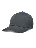 Alpinestars Points Kapelusz, ciemnoszara sportowa czapka z daszkiem flex-back z nylonu tactel, czerwone logo w druku HD.