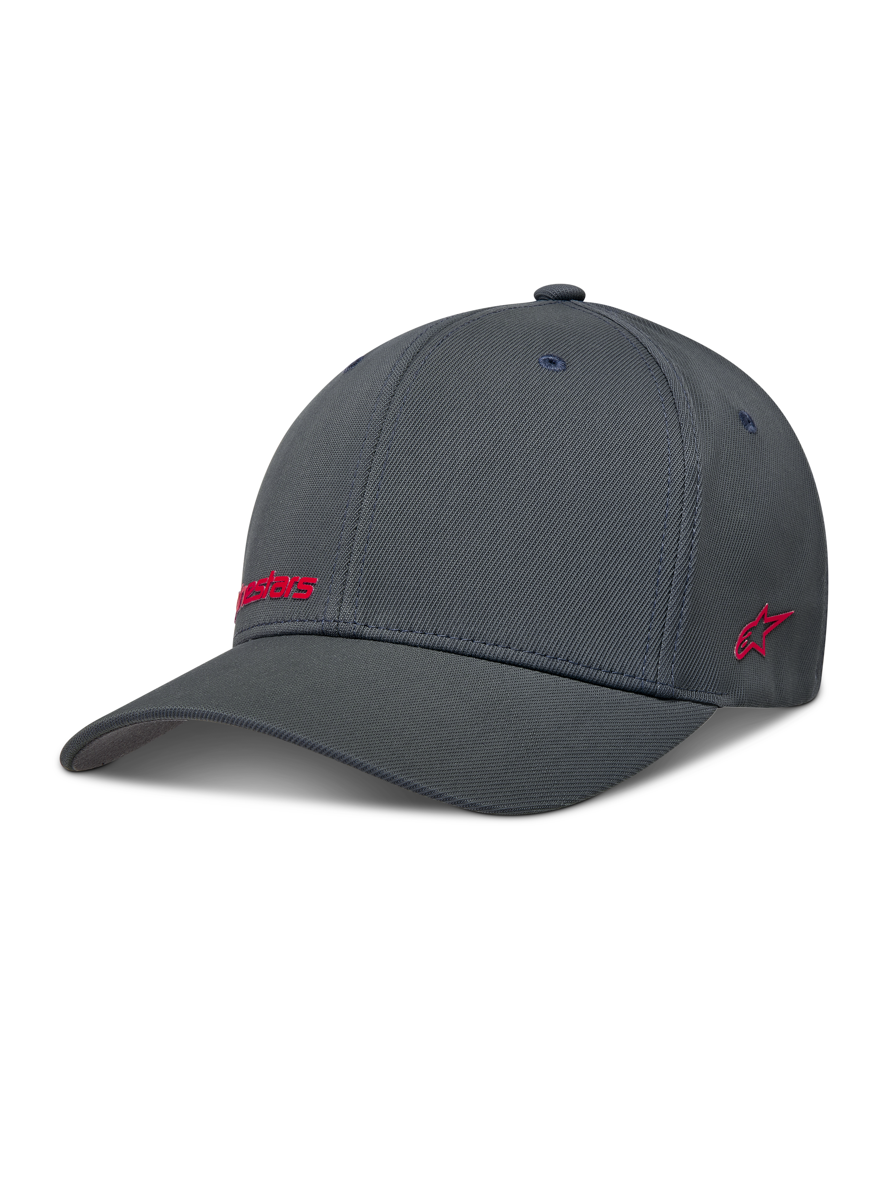 Alpinestars Points Kapelusz, ciemnoszara sportowa czapka z daszkiem flex-back z nylonu tactel, czerwone logo w druku HD.