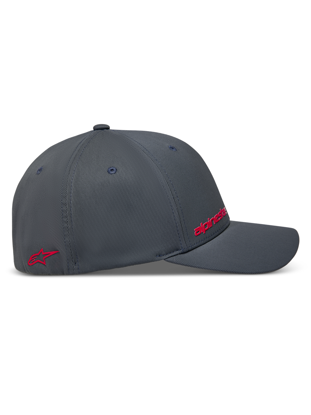 Alpinestars Points Hat, ciemnoszara czapka z daszkiem, widok z boku z czerwonymi logotypami HD, wytrzymała tkanina nylon tactel.