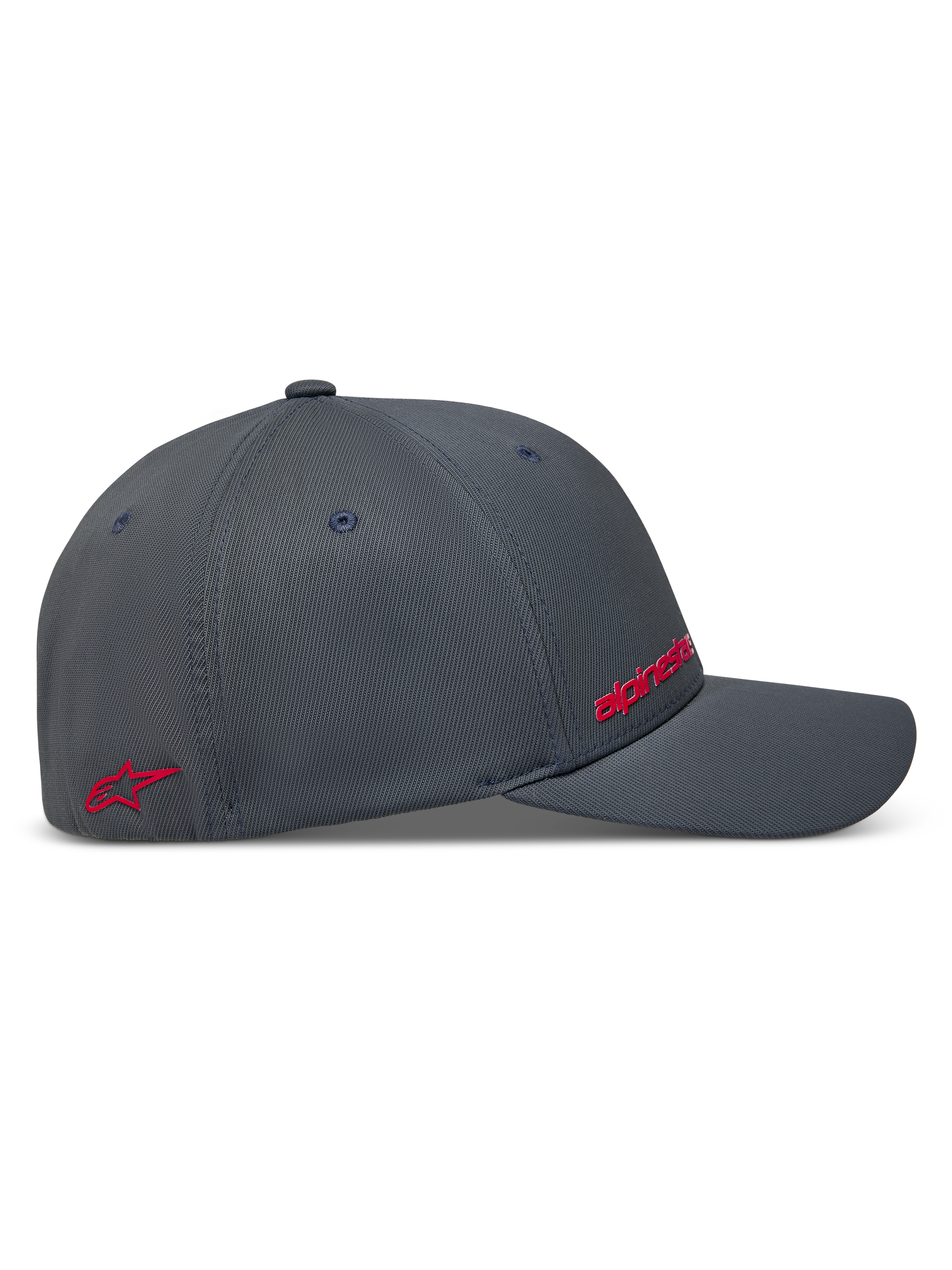 Alpinestars Points Hat, ciemnoszara czapka z daszkiem, widok z boku z czerwonymi logotypami HD, wytrzymała tkanina nylon tactel.