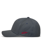 Alpinestars Points, ciemnoszara czapka z daszkiem, czerwone logo Astars z boku, materiał nylon tactel, elastyczny tył.