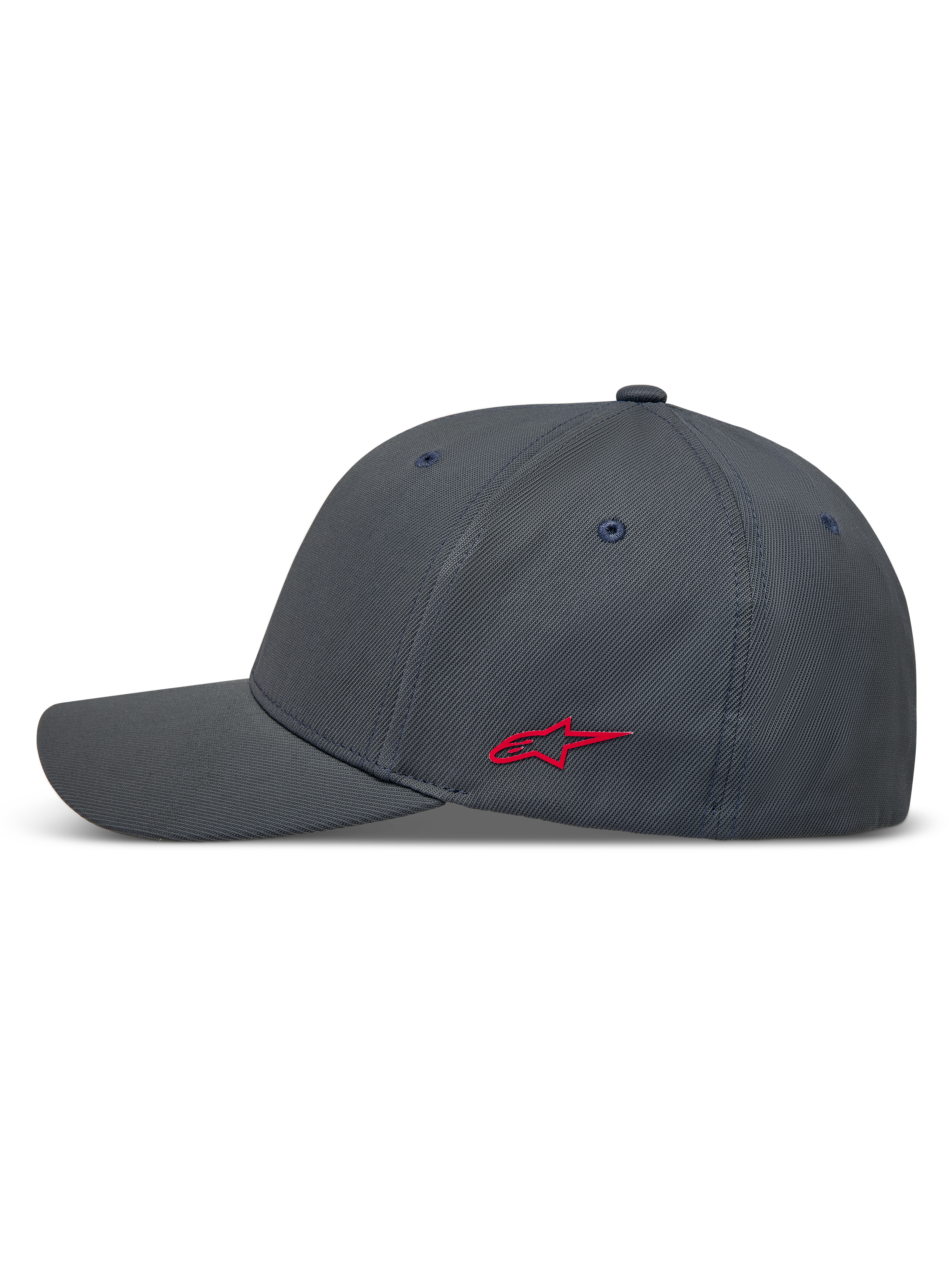 Alpinestars Points, ciemnoszara czapka z daszkiem, czerwone logo Astars z boku, materiał nylon tactel, elastyczny tył.