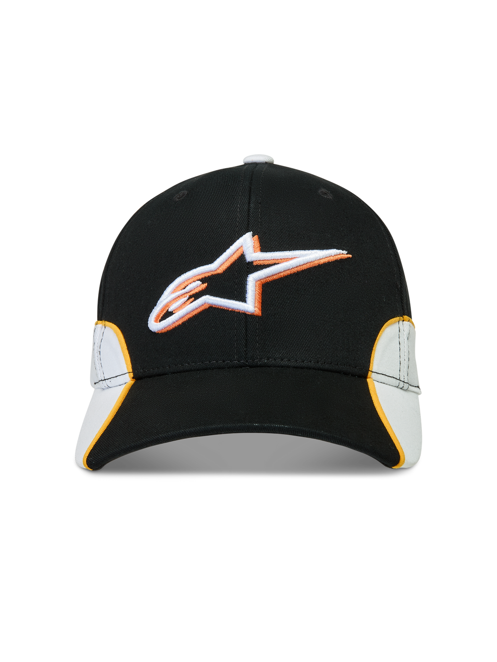 Alpinestars 500 Snapback Hat, Motorsport-Inspired Sportswear Baseball Cap, Black and White with Orange Accents, Cotton Twill construction, featuring a 3D embroidered Astars logo, curved bill, and structured crown.