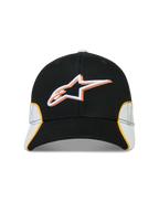 Alpinestars 500 Snapback Hat, Motorsport-Inspired Sportswear Baseball Cap, Black and White with Orange Accents, Cotton Twill construction, featuring a 3D embroidered Astars logo, curved bill, and structured crown.