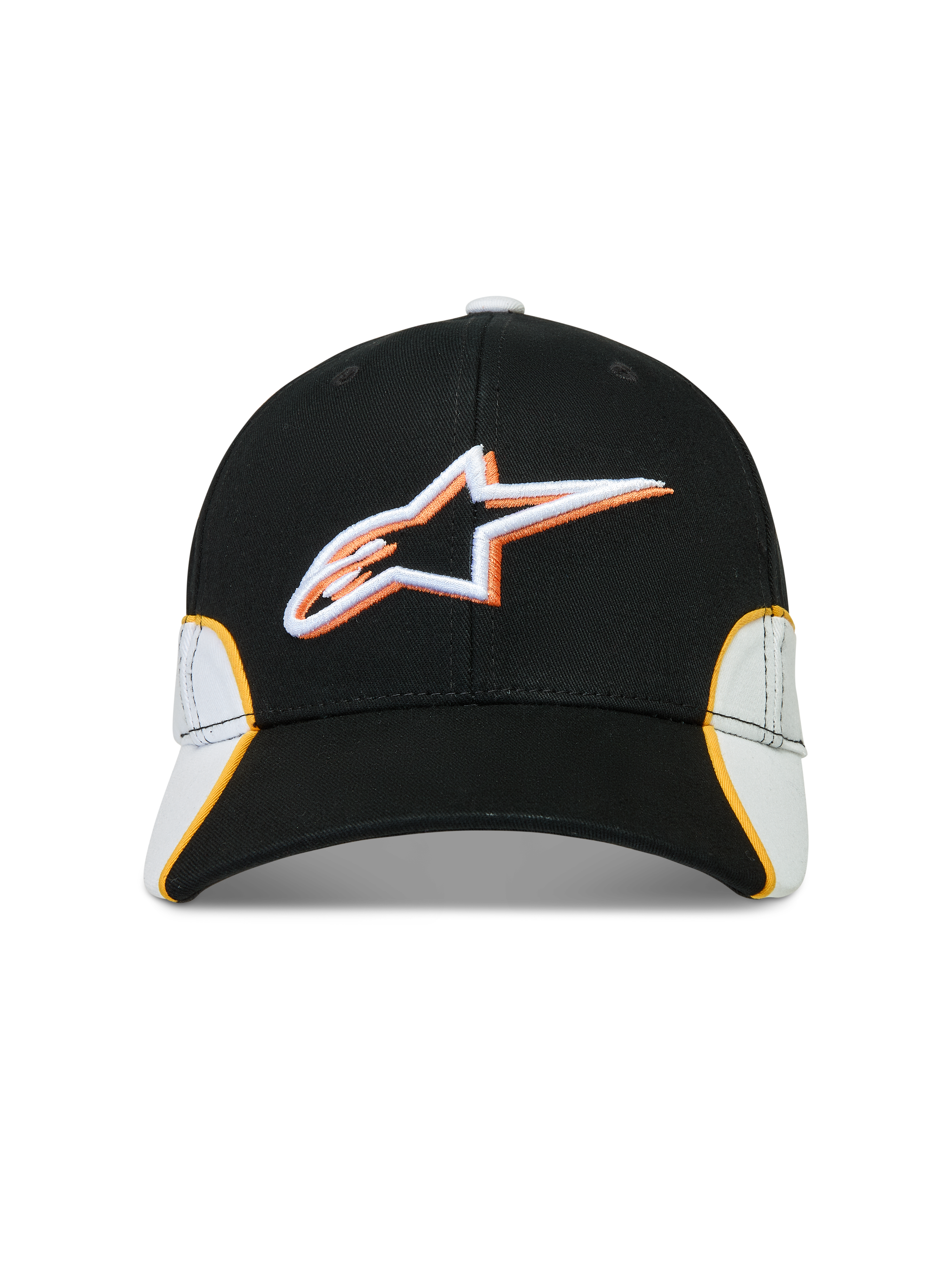 Alpinestars 500 Snapback Hat, Motorsport-Inspired Sportswear Baseball Cap, Black and White with Orange Accents, Cotton Twill construction, featuring a 3D embroidered Astars logo, curved bill, and structured crown.