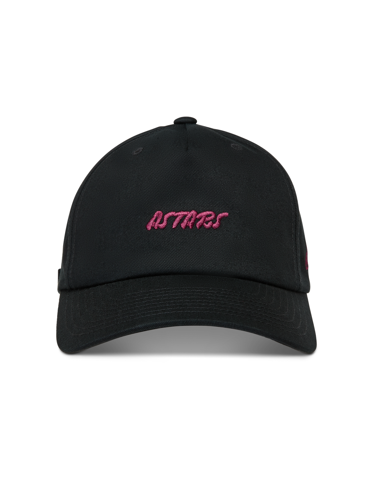 Alpinestars Explorer Strapback, czarna czapka z daszkiem, różowe haftowane logo Astars, zakrzywiony daszek.