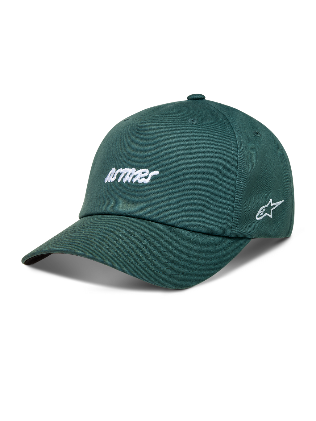 Alpinestars Explorer Strapback, zielona czapka z daszkiem, biały haft Astars, zakrzywiony daszek, bawełniany kepr.