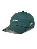Alpinestars Explorer Strapback, zielona czapka z daszkiem, biały haft Astars, zakrzywiony daszek, bawełniany kepr.