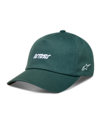 Alpinestars Explorer Strapback, zielona czapka z daszkiem, biały haft Astars, zakrzywiony daszek, bawełniany kepr.