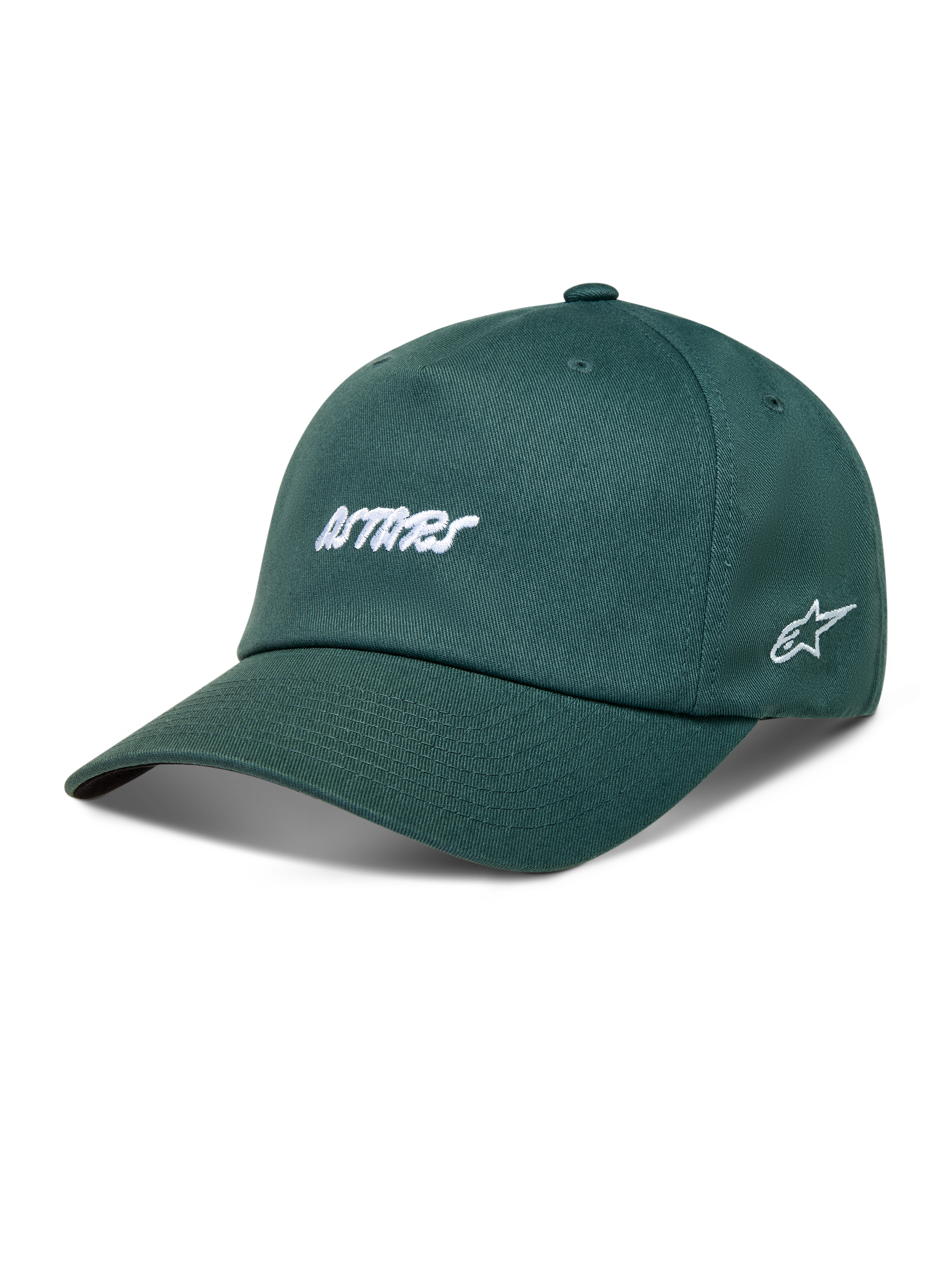 Alpinestars Explorer Strapback, zielona czapka z daszkiem, biały haft Astars, zakrzywiony daszek, bawełniany kepr.