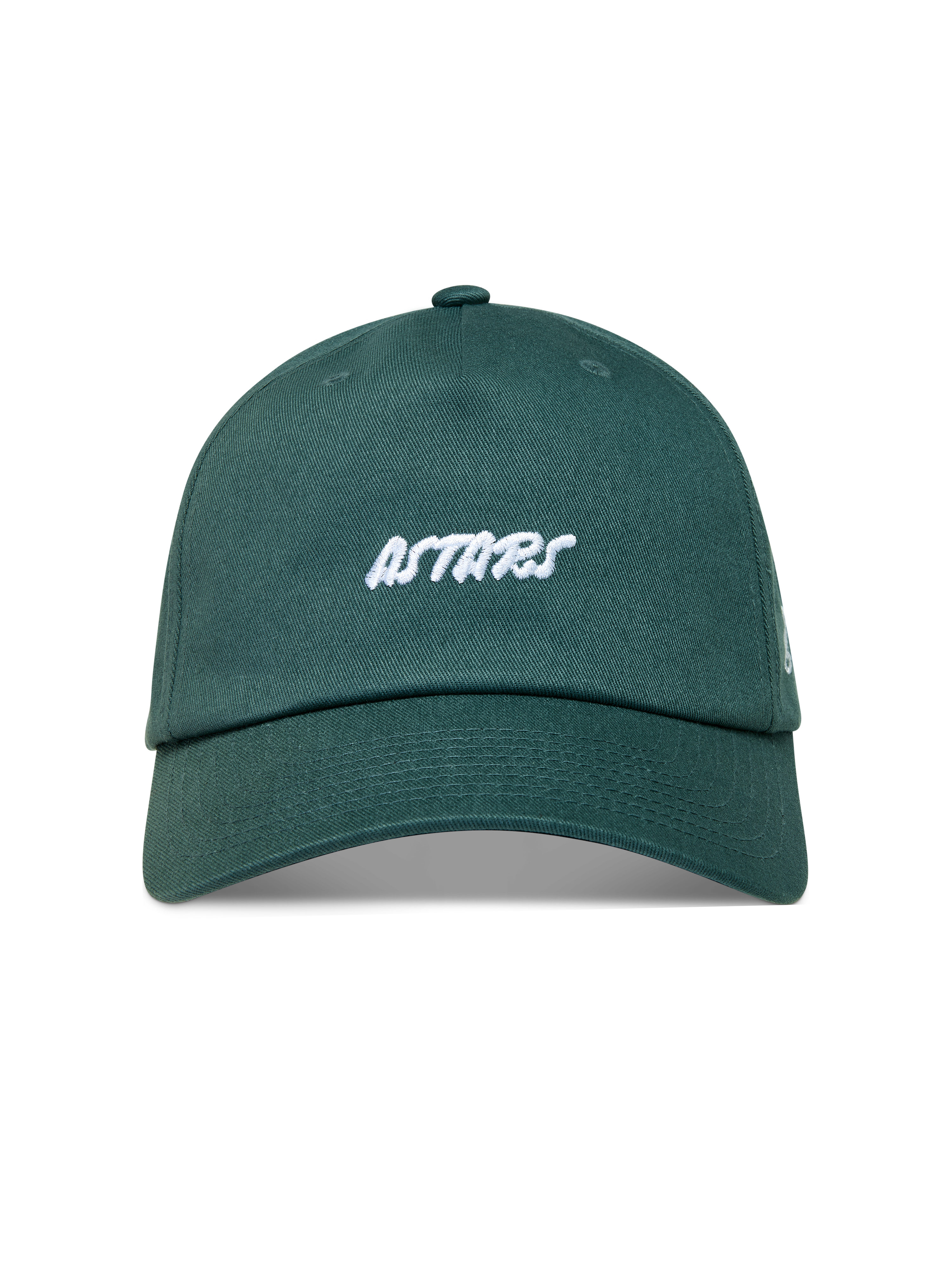 Alpinestars Explorer Strapback, zielona czapka z daszkiem, białe haftowane logo Astars, zakrzywiony daszek.