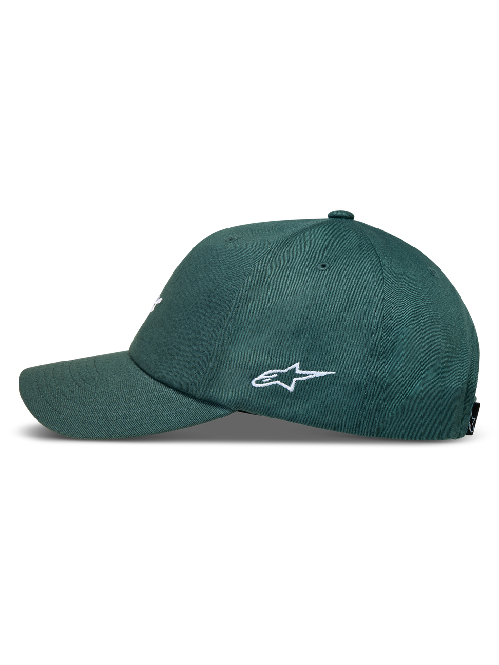 Alpinestars Explorer Strapback, zielona czapka z daszkiem, widok z boku, białe haftowane logo i zakrzywiony daszek.