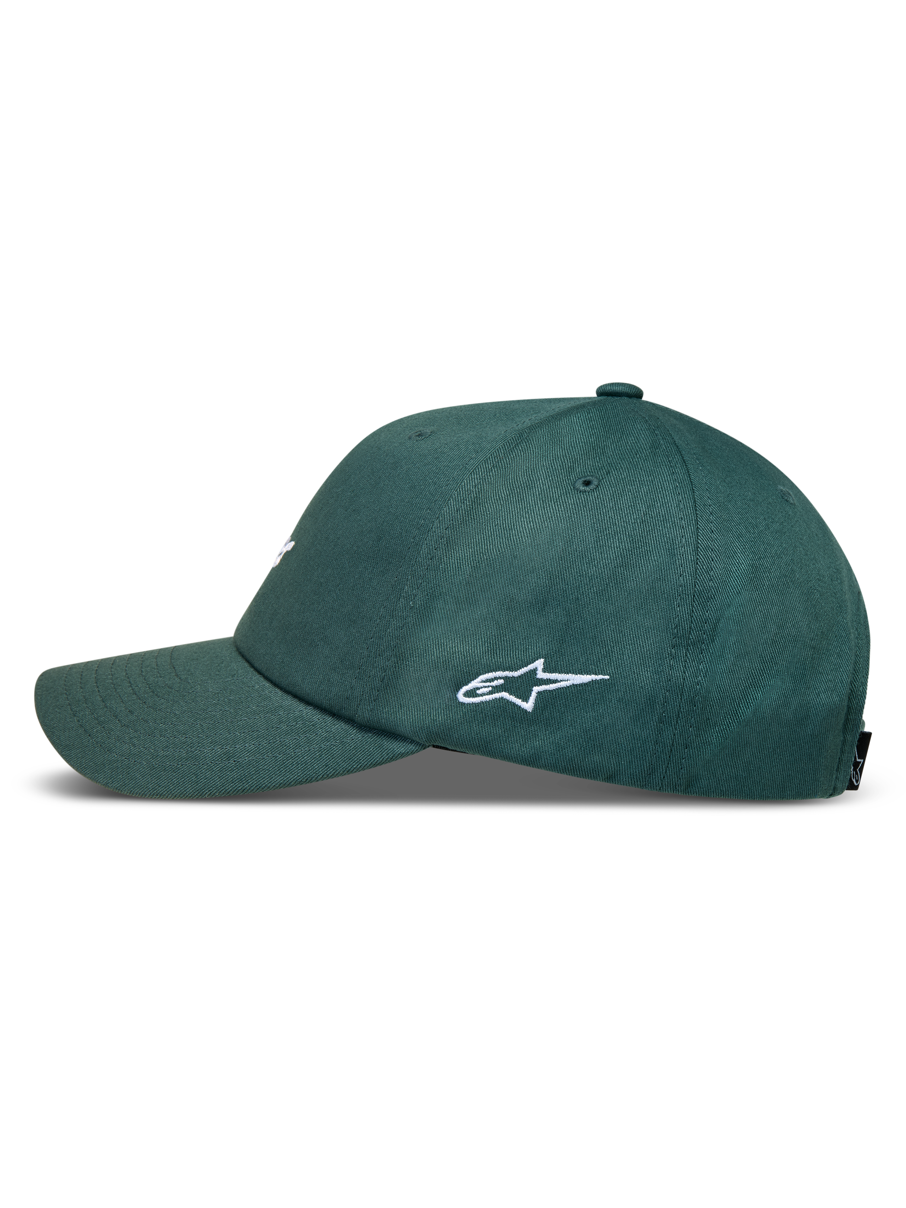 Alpinestars Explorer Strapback, zielona czapka z daszkiem, widok z boku, białe haftowane logo i zakrzywiony daszek.