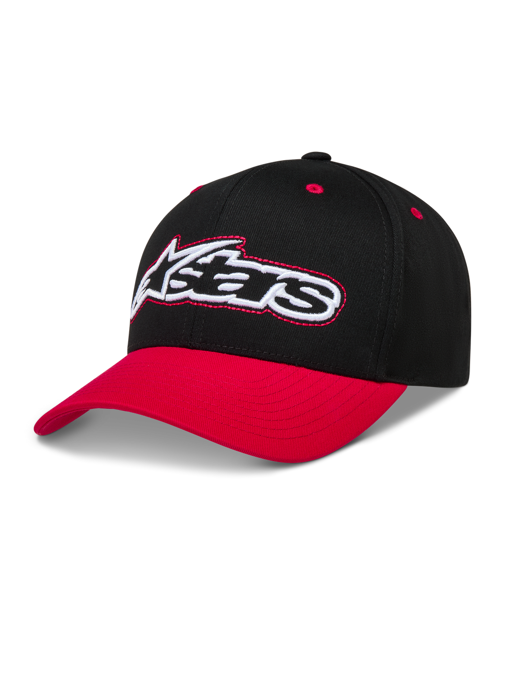 Alpinestars Retro Snapback, czarna i czerwona czapka z daszkiem, zakrzywiony daszek i haftowane logo Astars.