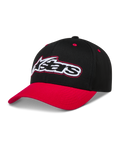 Alpinestars Retro Snapback, czarna i czerwona czapka z daszkiem, zakrzywiony daszek i haftowane logo Astars.
