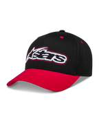 Alpinestars Retro Snapback, czarna i czerwona czapka z daszkiem, zakrzywiony daszek i haftowane logo Astars.