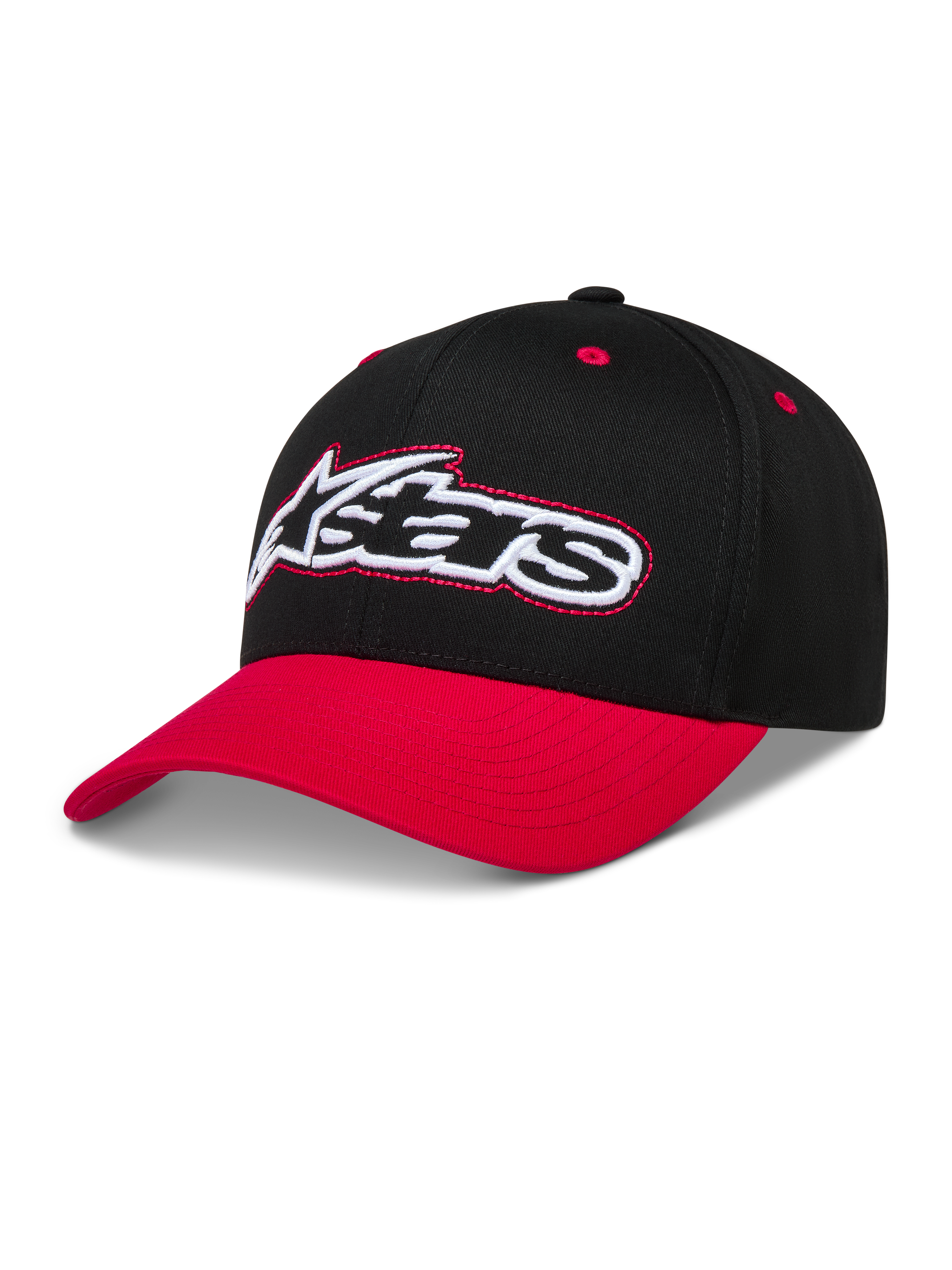 Alpinestars Retro Snapback, czarna i czerwona czapka z daszkiem, zakrzywiony daszek i haftowane logo Astars.