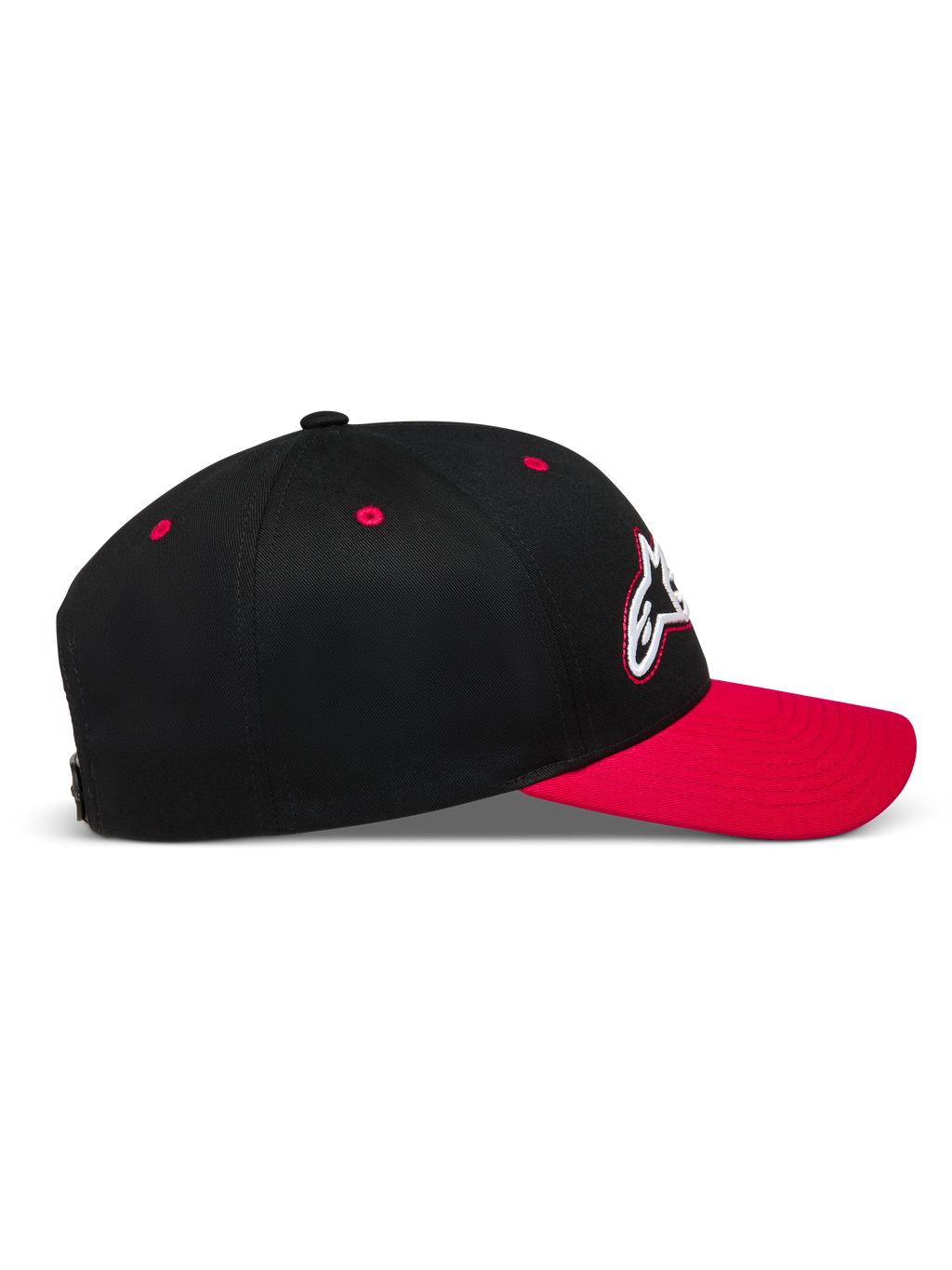Alpinestars Retro Snapback, czarno-czerwona czapka z daszkiem, widok z boku, zakrzywiony daszek i usztywniona korona z kepry.