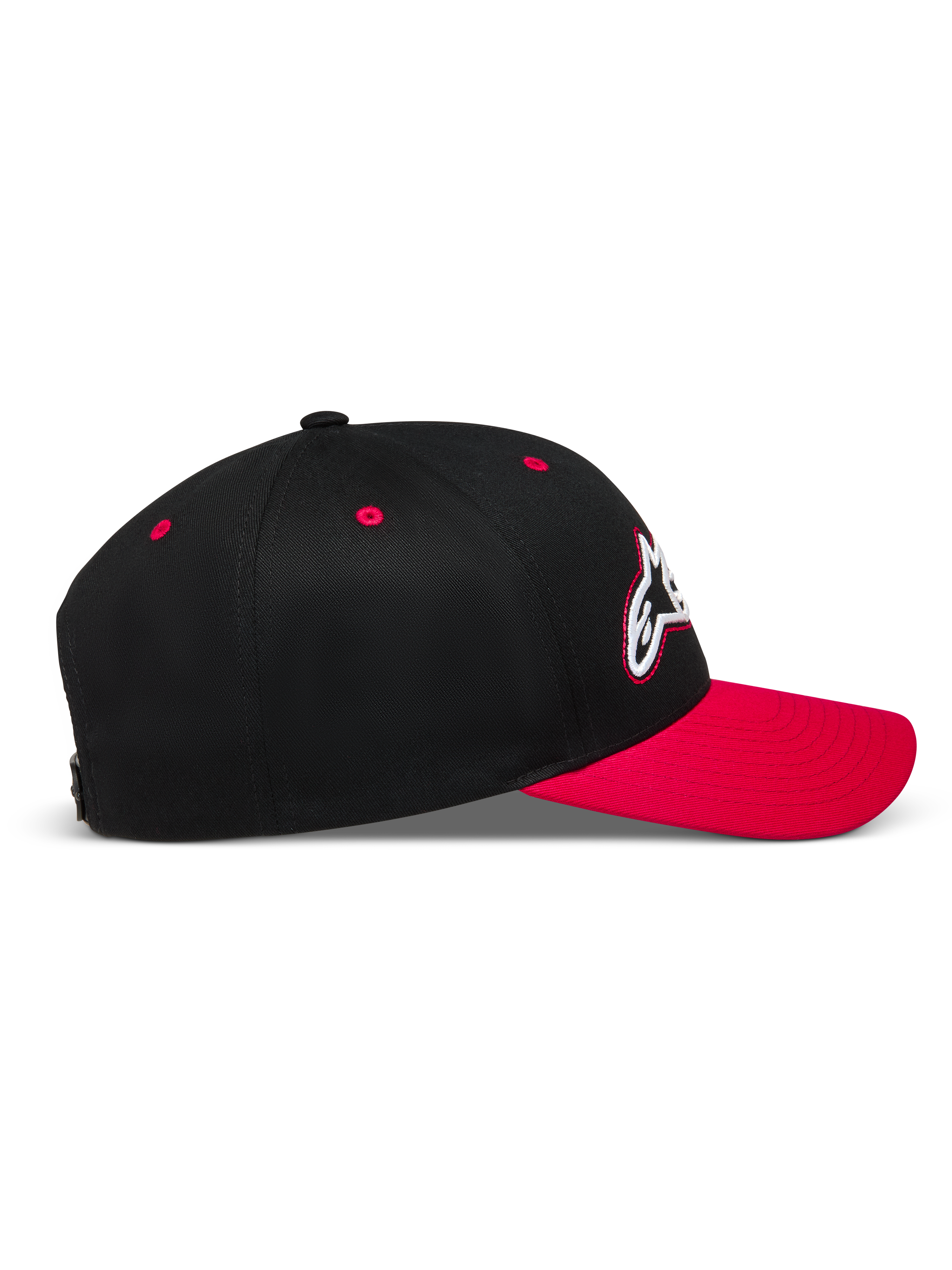 Alpinestars Retro Snapback, czarno-czerwona czapka z daszkiem, widok z boku, zakrzywiony daszek i usztywniona korona z kepry.