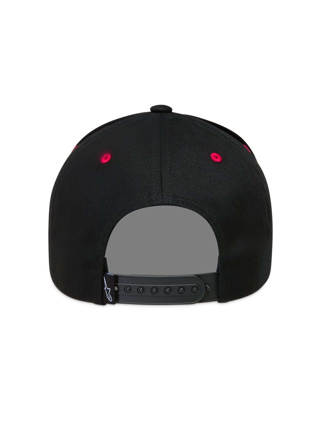 Alpinestars Retro Snapback, czarno-czerwona czapka z daszkiem, widok z tyłu z regulowanym zapięciem i czerwonymi oczkami.
