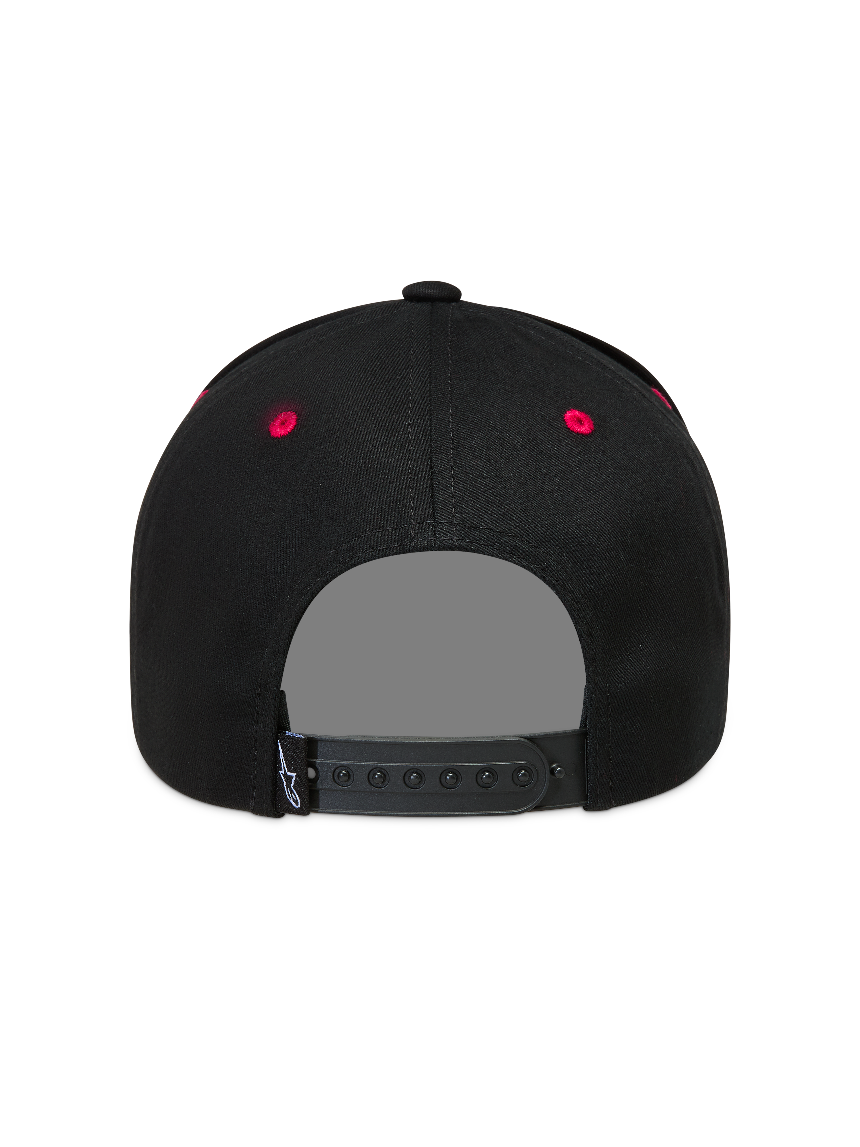 Alpinestars Retro Snapback, czarno-czerwona czapka z daszkiem, widok z tyłu z regulowanym zapięciem i czerwonymi oczkami.