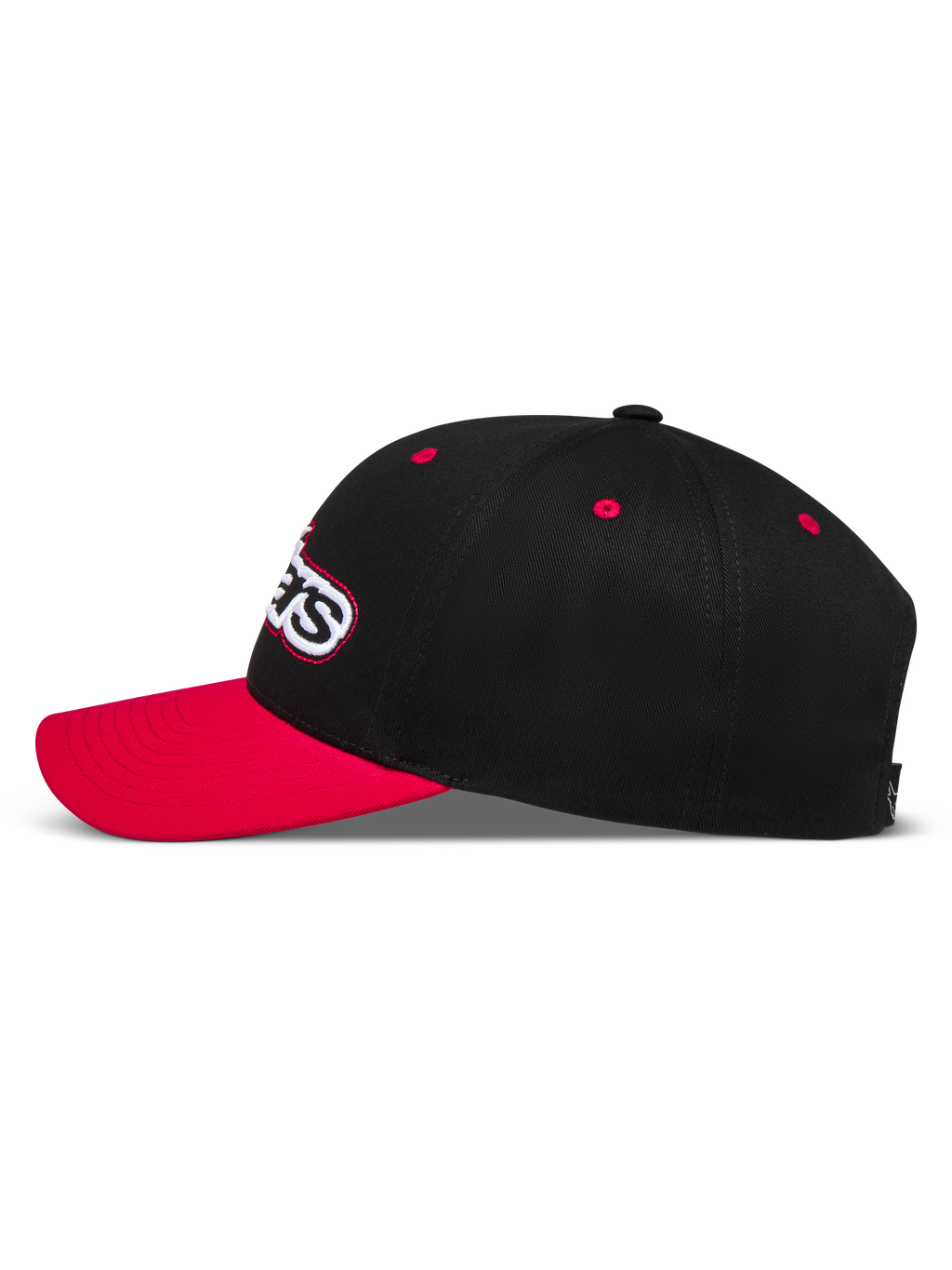 Alpinestars Retro Snapback, czapka z daszkiem, czarna i czerwona, usztywniona korona z kepru i zakrzywiony daszek.