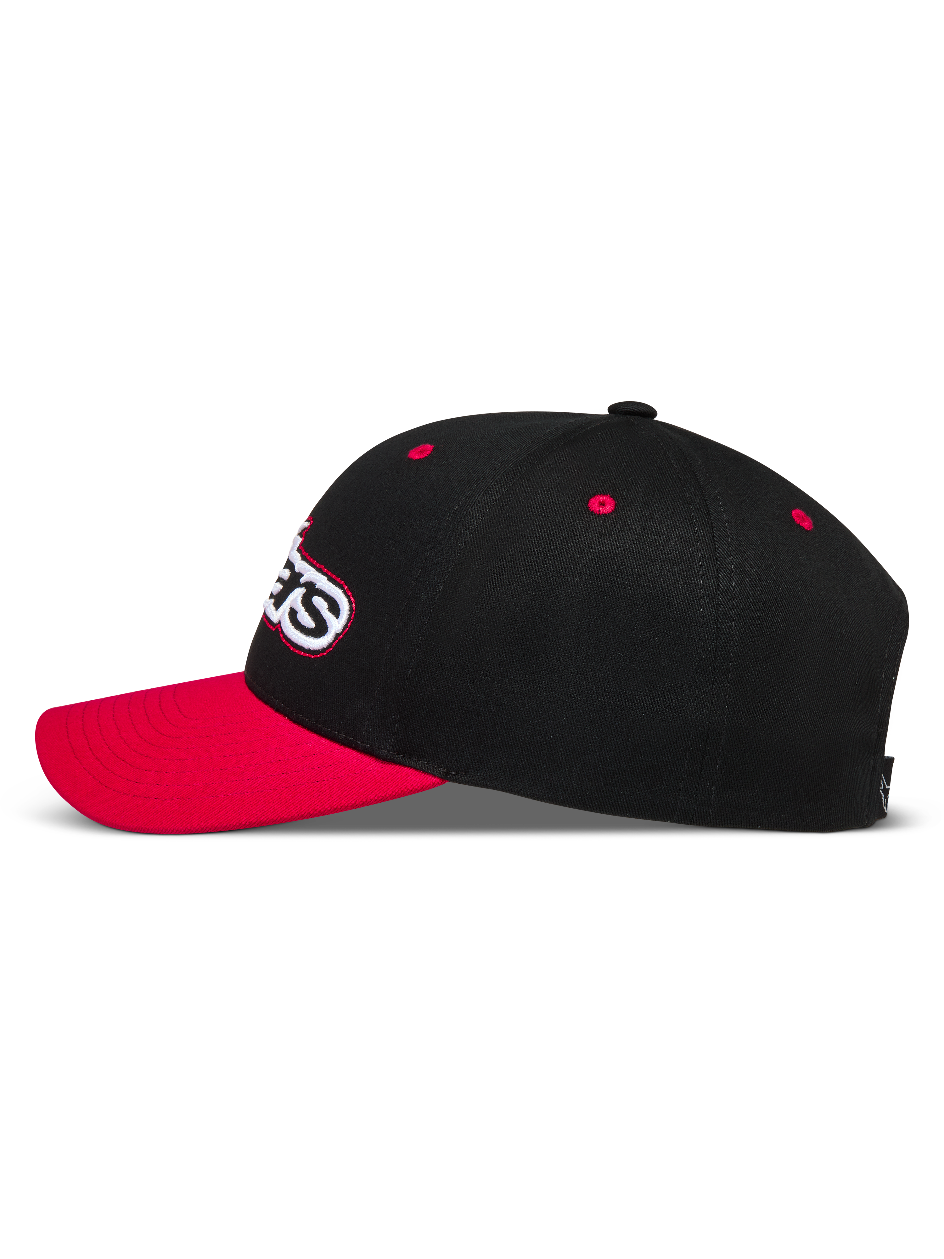 Alpinestars Retro Snapback, czapka z daszkiem, czarna i czerwona, usztywniona korona z kepru i zakrzywiony daszek.