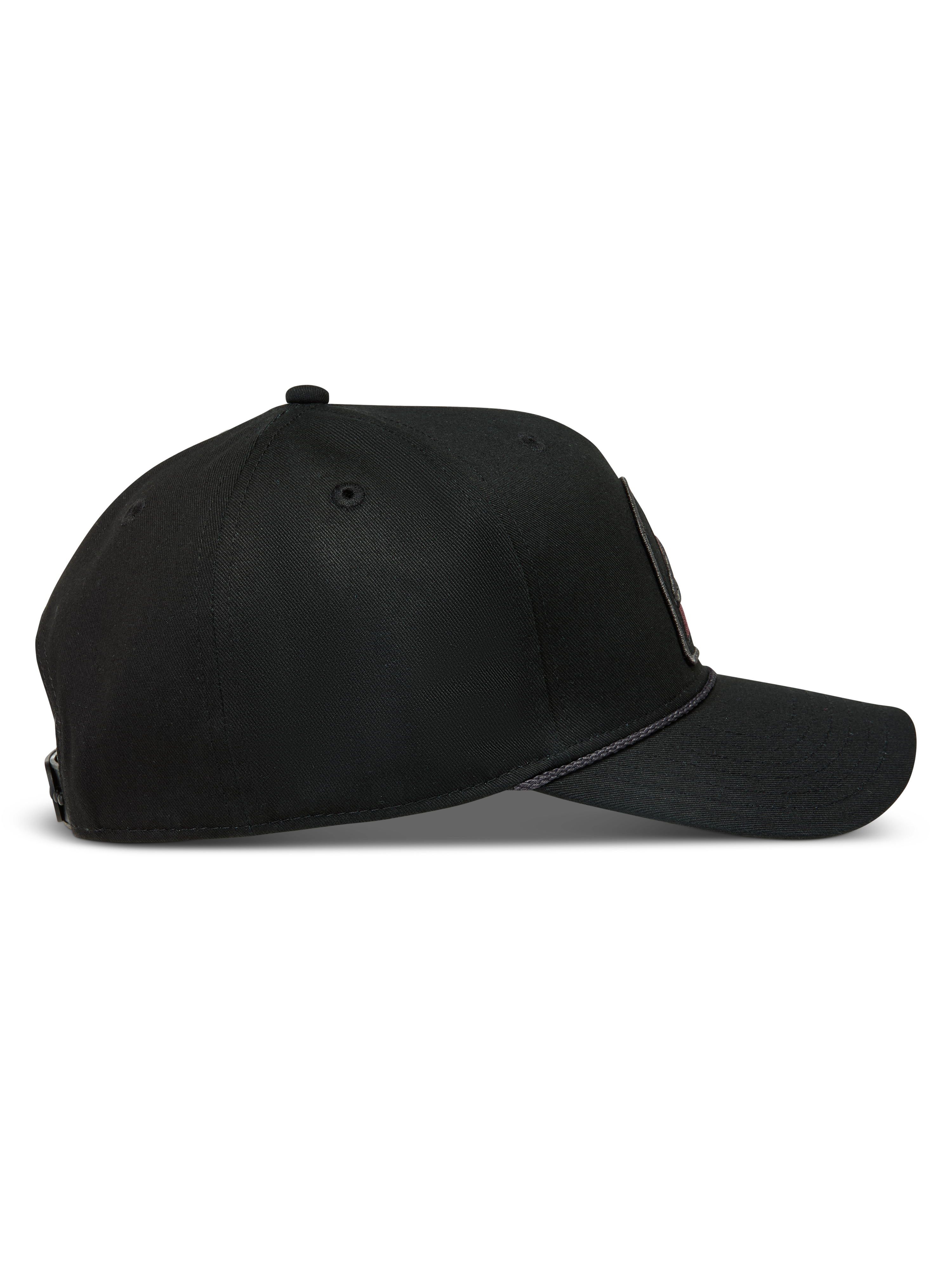Alpinestars Acme Snapback, czarna czapka z daszkiem z kepru, zakrzywiony daszek, usztywniona korona i ozdobny sznurek.