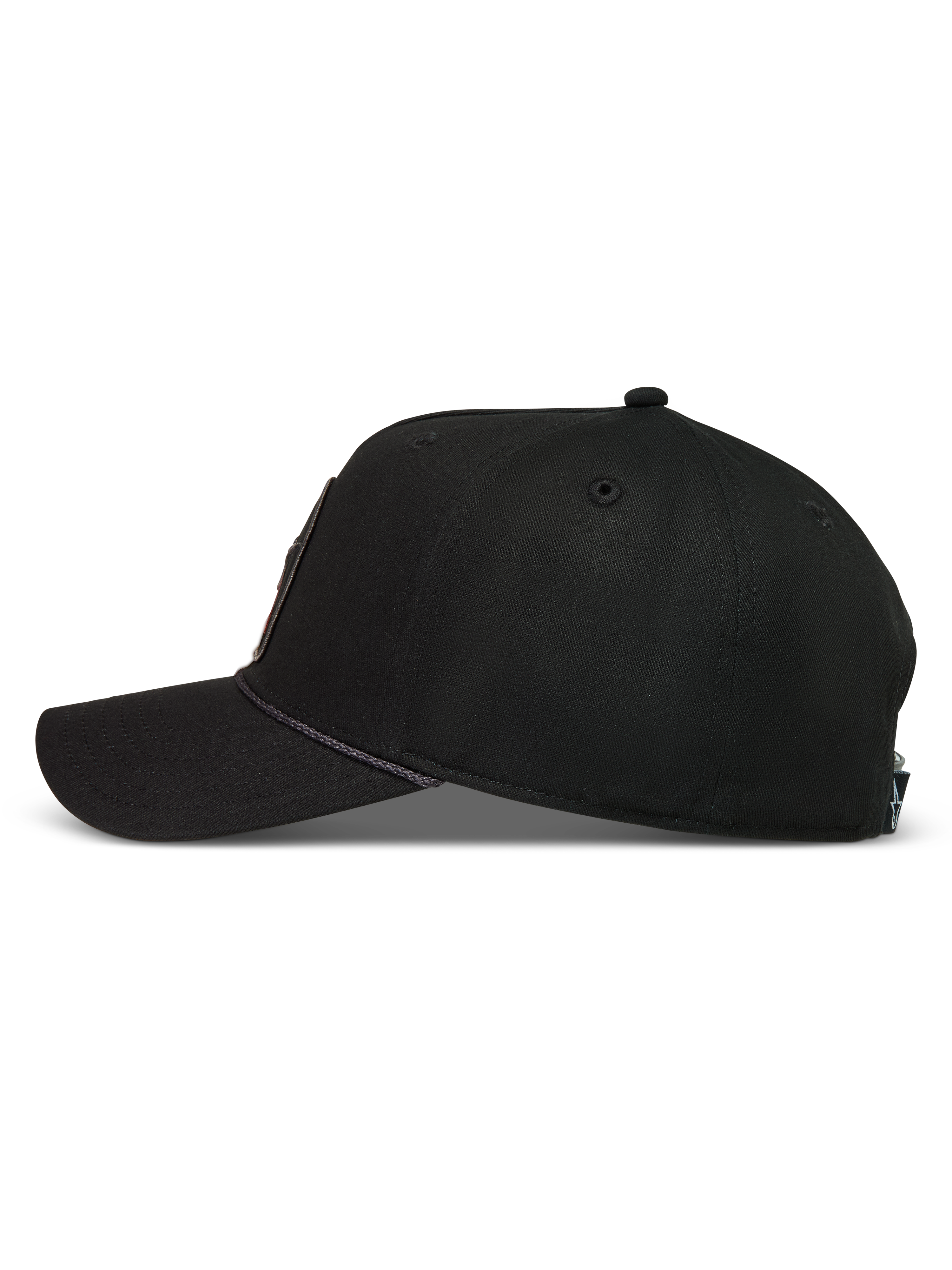 Alpinestars Acme Snapback, czarna czapka z daszkiem, usztywniona korona, zakrzywiony daszek i ozdobny sznurek.