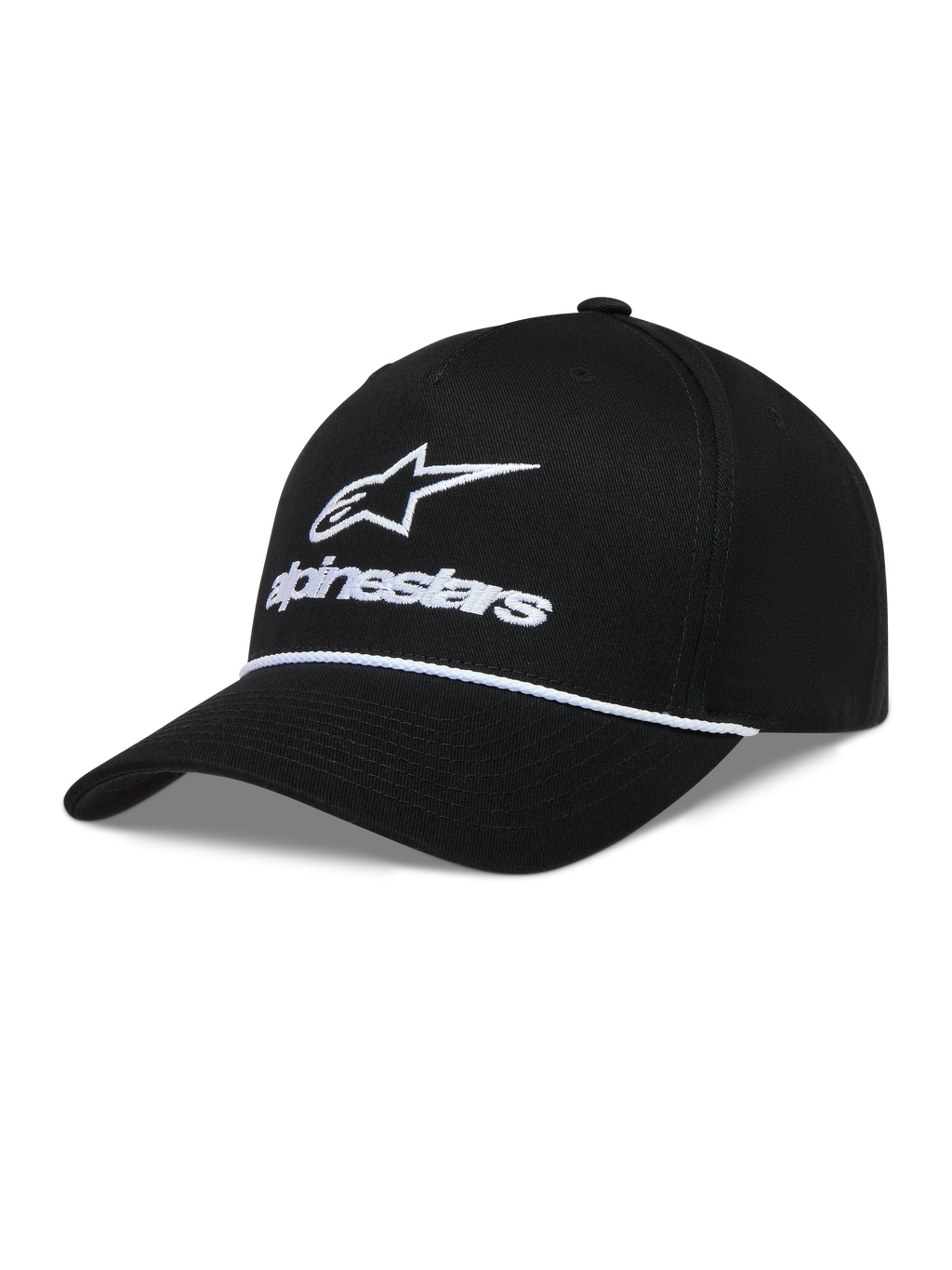 Alpinestars Combo Logo Snapback, czarna czapka z daszkiem, białe haftowane logo Astars i sznurek, tkanina z kepru