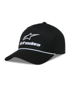 Alpinestars Combo Logo Snapback, czarna czapka z daszkiem, białe haftowane logo Astars i sznurek, tkanina z kepru