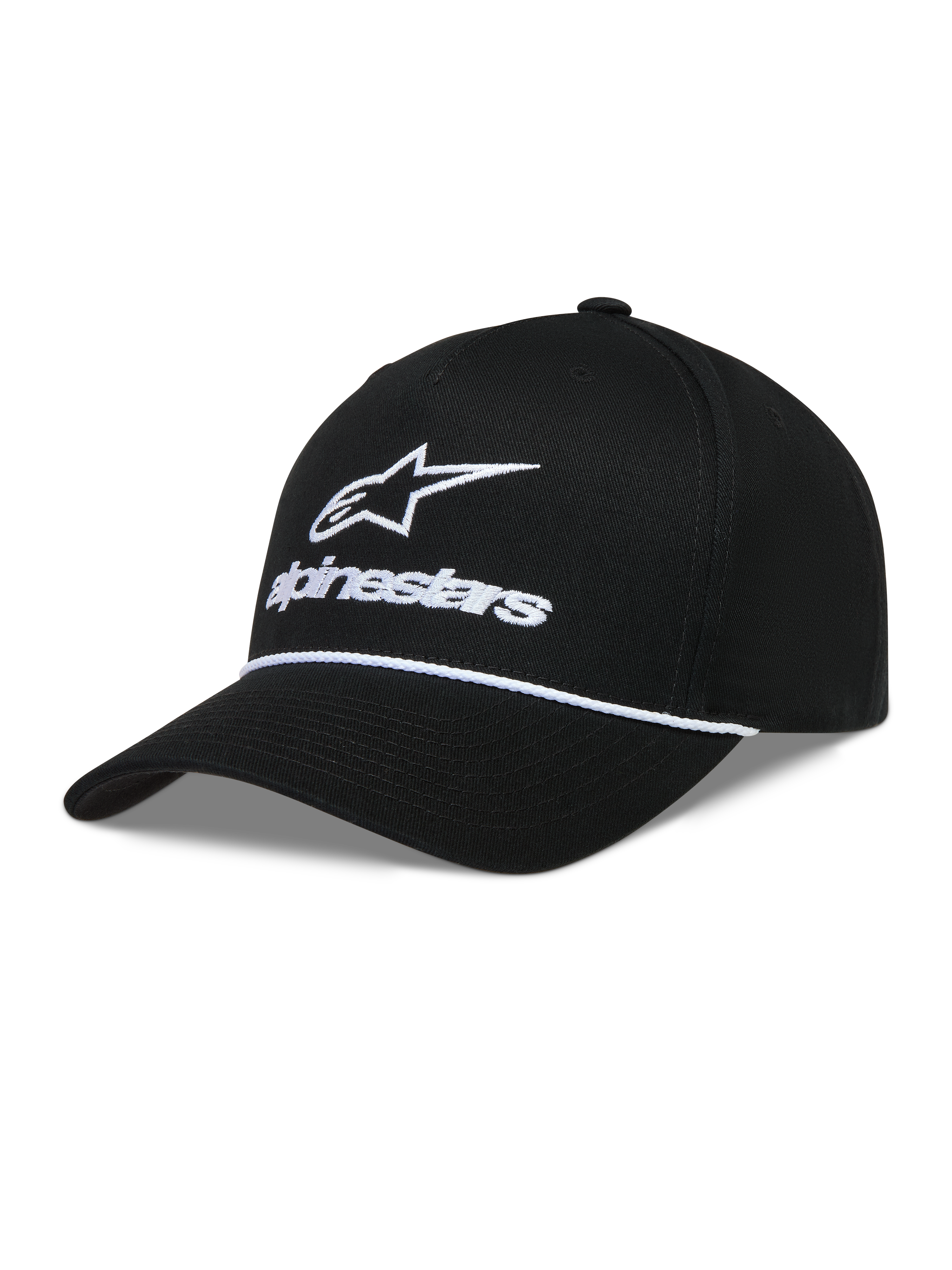 Alpinestars Combo Logo Snapback, czarna czapka z daszkiem, białe haftowane logo Astars i sznurek, tkanina z kepru