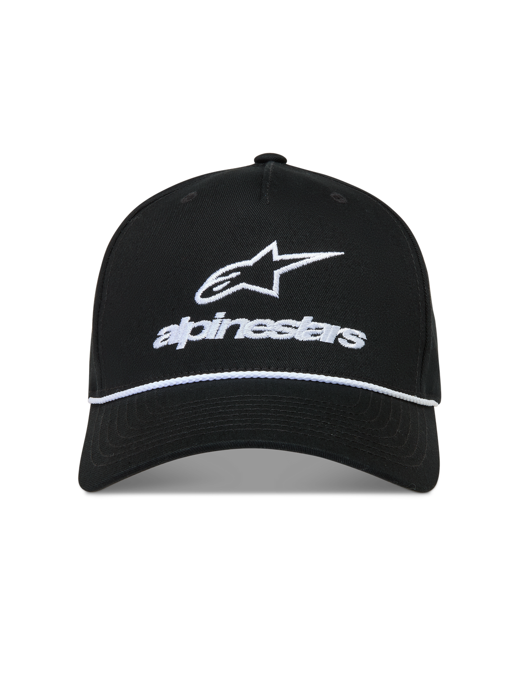 Alpinestars Combo Logo Snapback, czarna czapka z daszkiem, białe haftowane logo Astars i detal ze sznurkiem.