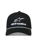 Alpinestars Combo Logo Snapback, czarna czapka z daszkiem, białe haftowane logo Astars i detal ze sznurkiem.