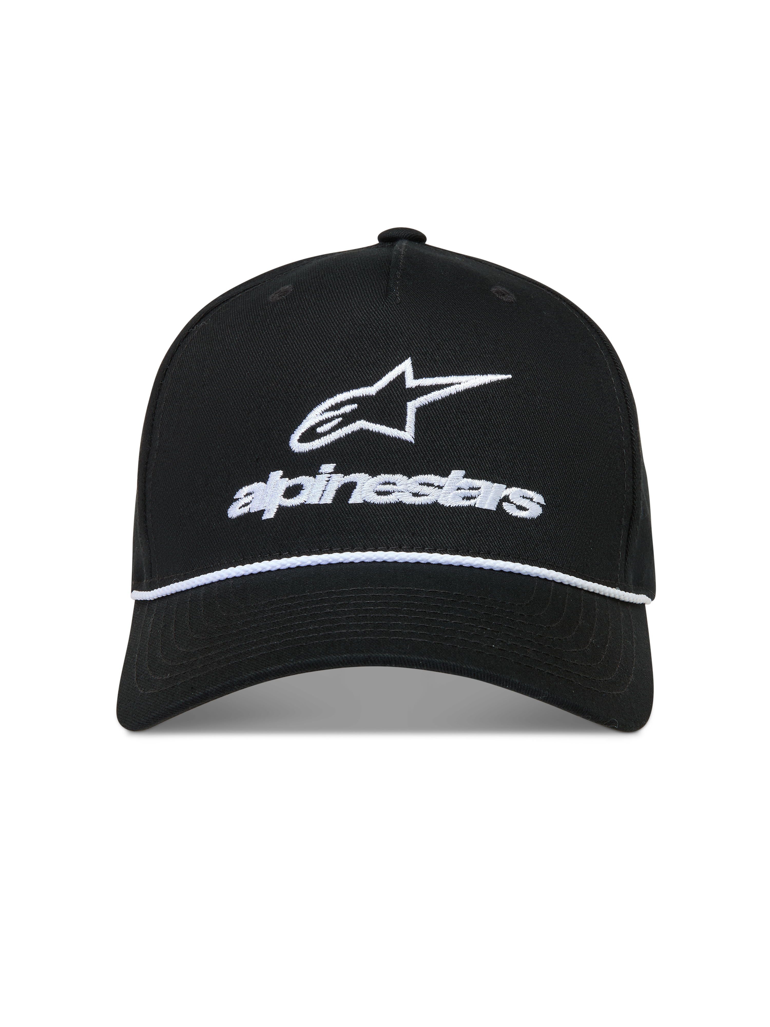 Alpinestars Combo Logo Snapback, czarna czapka z daszkiem, białe haftowane logo Astars i detal ze sznurkiem.