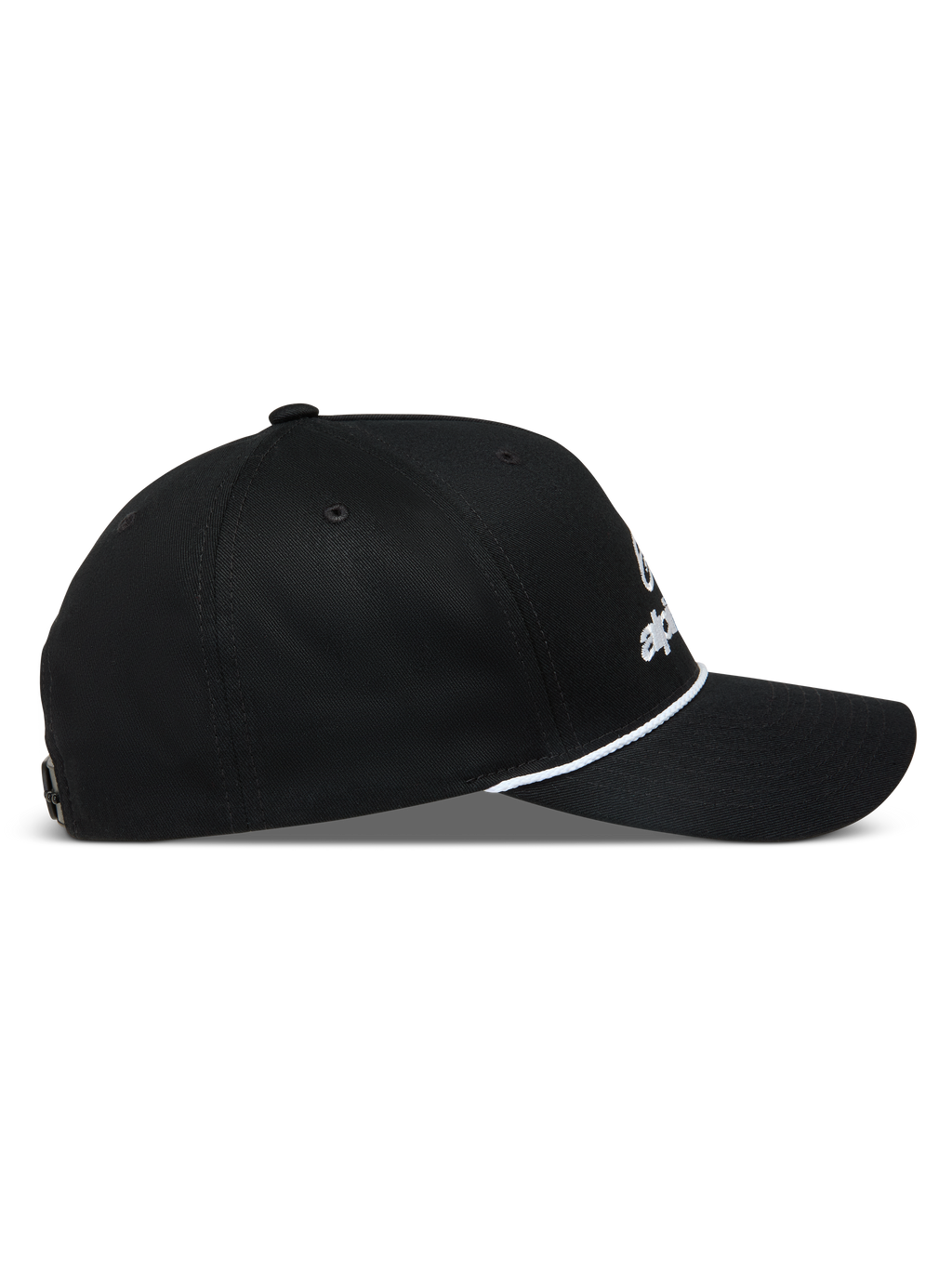 Alpinestars Combo Logo Snapback, czarna sportowa czapka z daszkiem, profil boczny, zakrzywiony daszek i biały sznurek