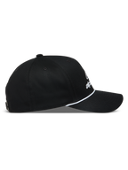 Alpinestars Combo Logo Snapback, czarna sportowa czapka z daszkiem, profil boczny, zakrzywiony daszek i biały sznurek
