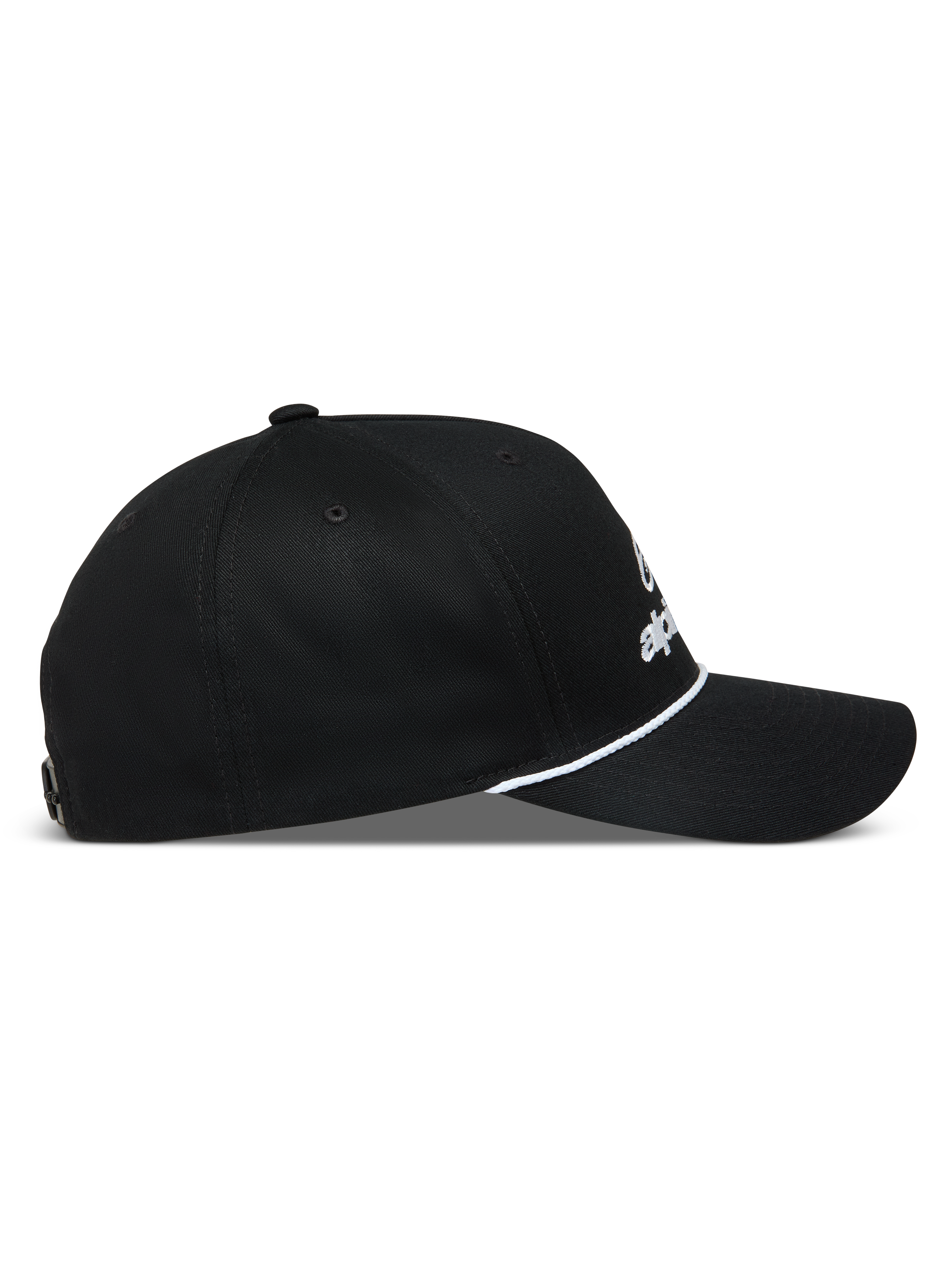 Alpinestars Combo Logo Snapback, czarna sportowa czapka z daszkiem, profil boczny, zakrzywiony daszek i biały sznurek