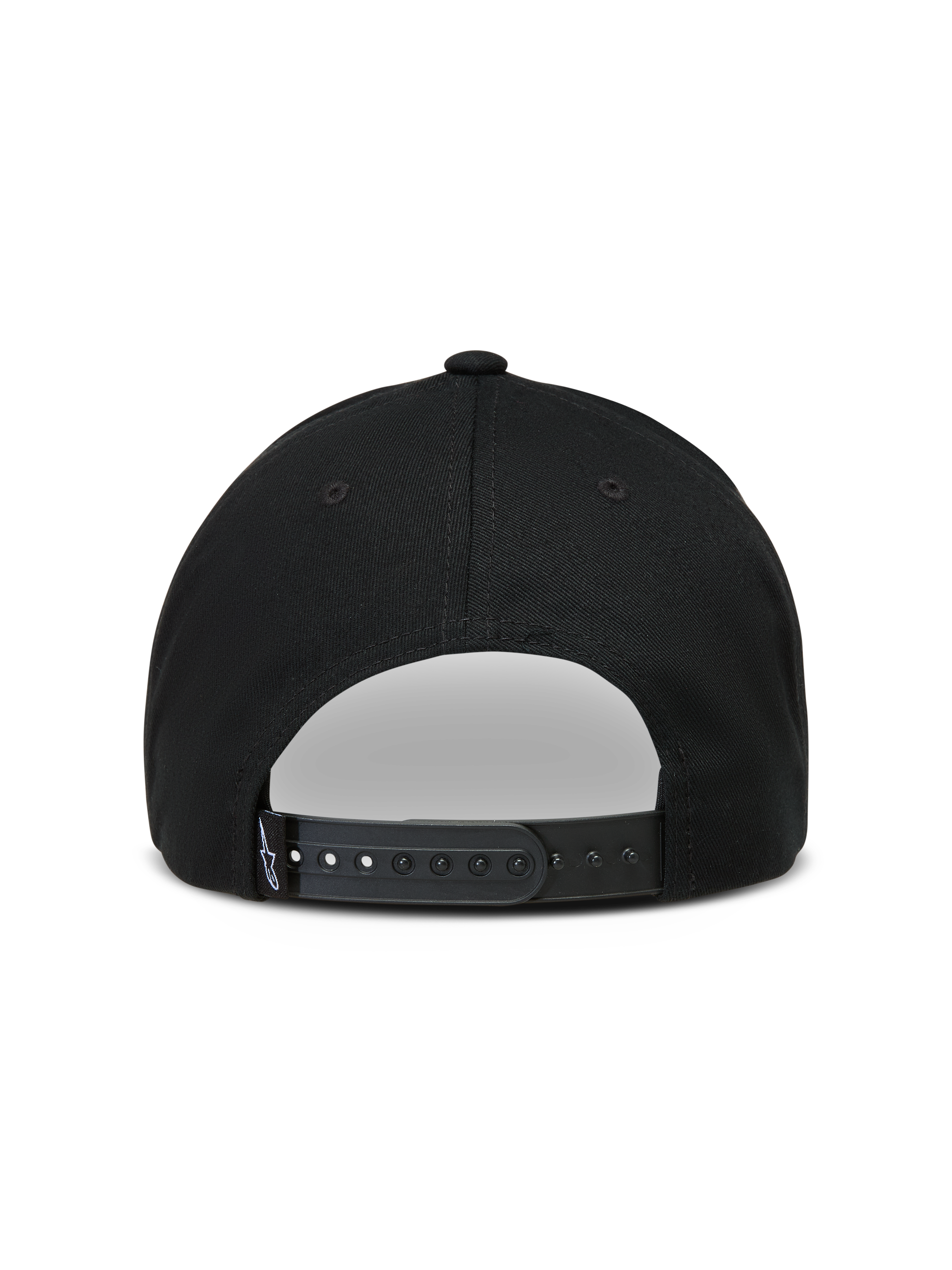 Alpinestars Combo Logo Snapback, czarna sportowa czapka z daszkiem, widok z tyłu z regulowanym zapięciem i tkaną metką.
