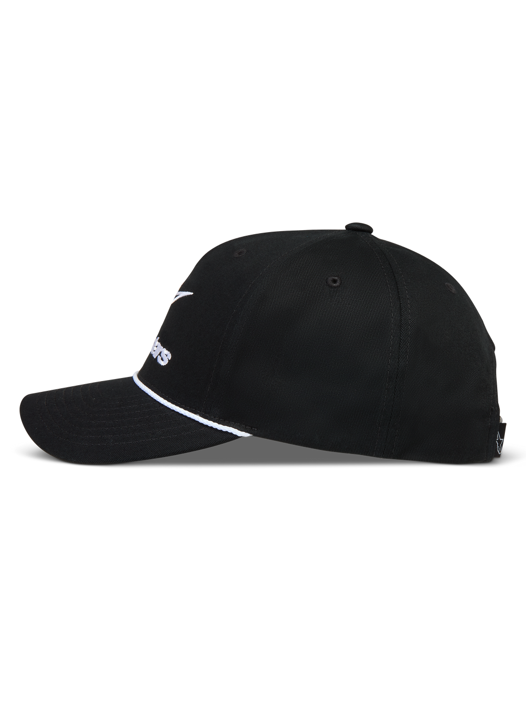 Alpinestars Combo Logo Snapback, czarna czapka sportowa, biały sznurek, zakrzywiony daszek i usztywniona korona.