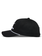 Alpinestars Combo Logo Snapback, czarna czapka sportowa, biały sznurek, zakrzywiony daszek i usztywniona korona.