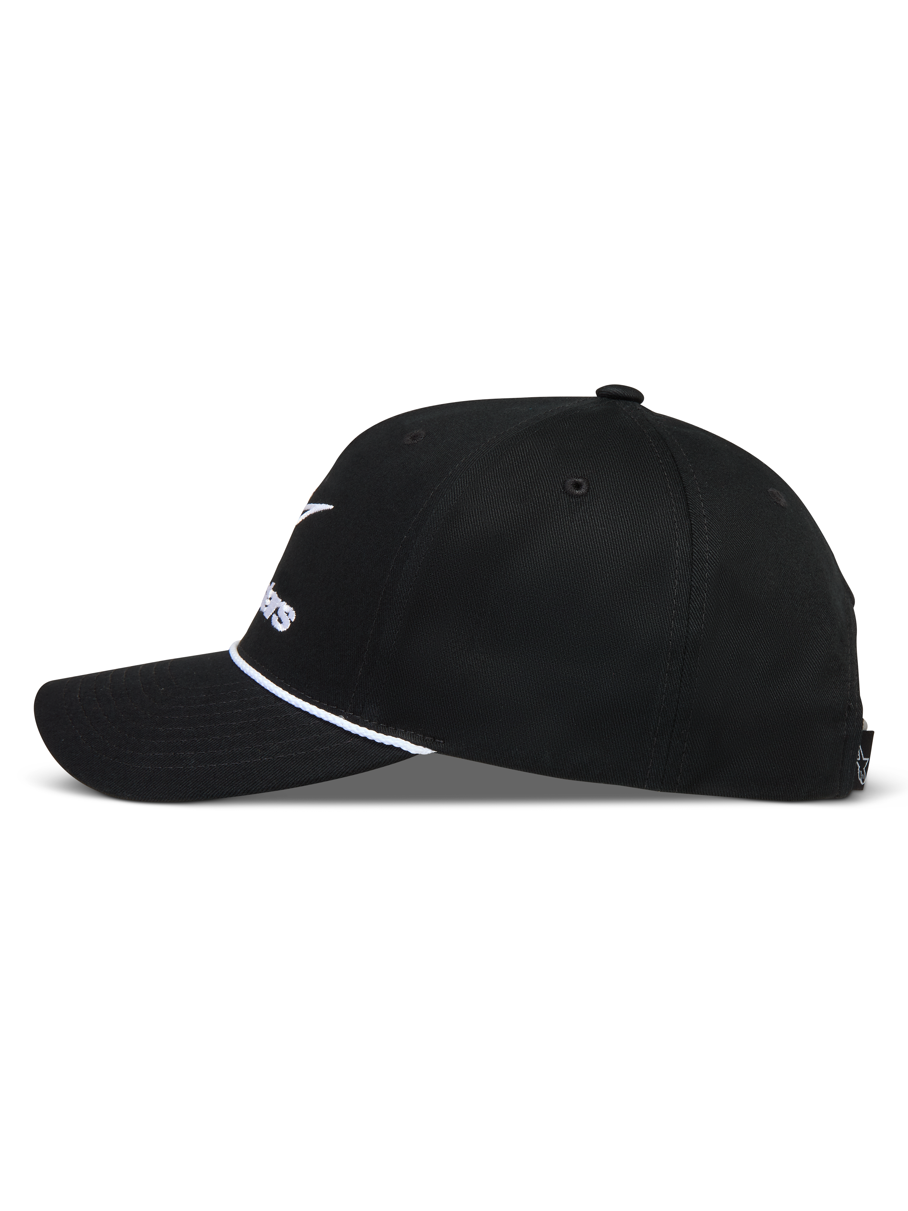 Alpinestars Combo Logo Snapback, czarna czapka sportowa, biały sznurek, zakrzywiony daszek i usztywniona korona.