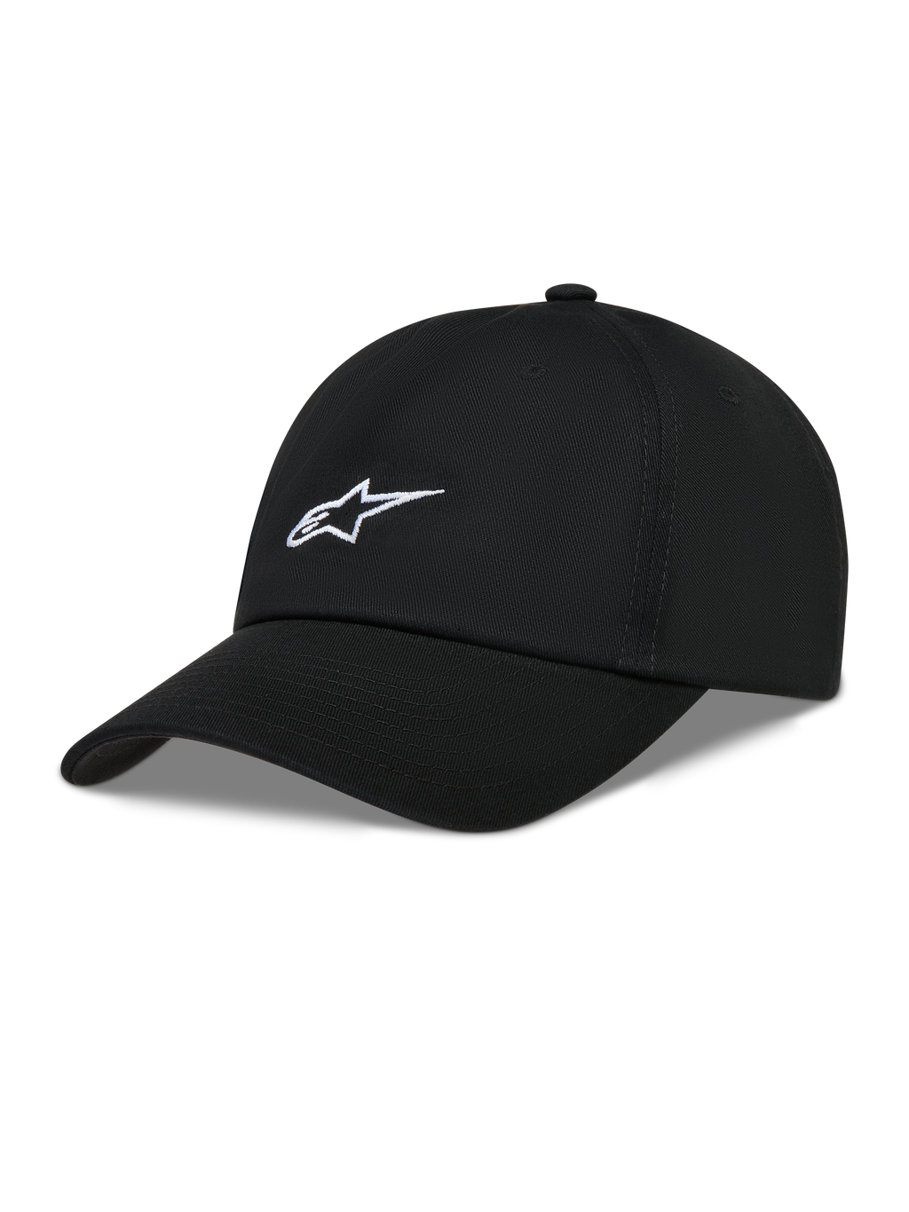 Alpinestars Dylan Dad Hat, czarna czapka z daszkiem z kepru, białe haftowane logo Astars i zakrzywiony daszek.