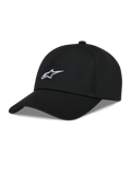 Alpinestars Dylan Dad Hat, czarna czapka z daszkiem z kepru, białe haftowane logo Astars i zakrzywiony daszek.