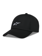 Alpinestars Dylan Dad Hat, czarna czapka z daszkiem z kepru, białe haftowane logo Astars i zakrzywiony daszek.