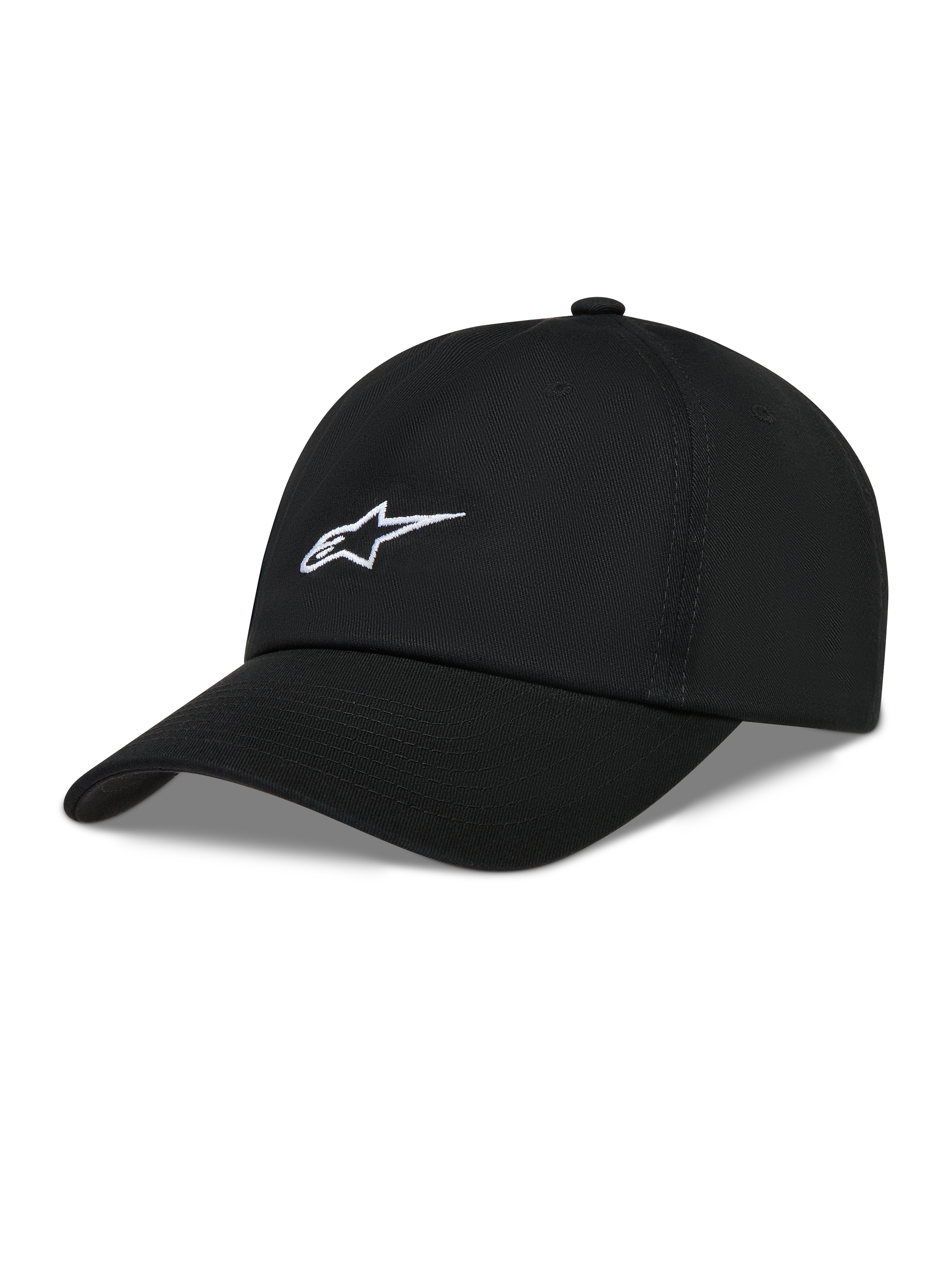 Alpinestars Dylan Dad Hat, czarna czapka z daszkiem z kepru, białe haftowane logo Astars i zakrzywiony daszek.