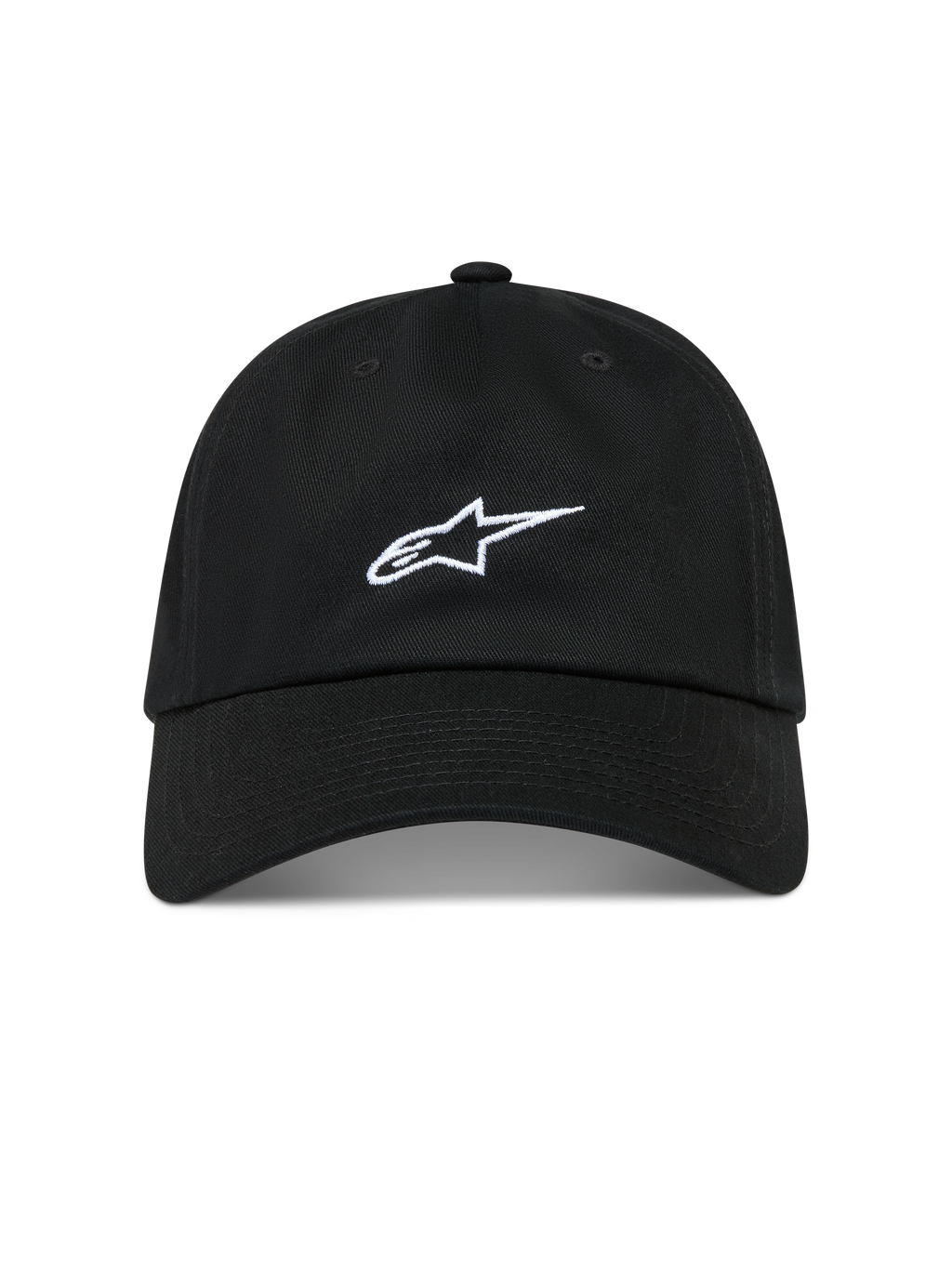 Alpinestars Dylan Dad Hat, czarna czapka z daszkiem, białe haftowane logo Astars, bawełniany kepr.
