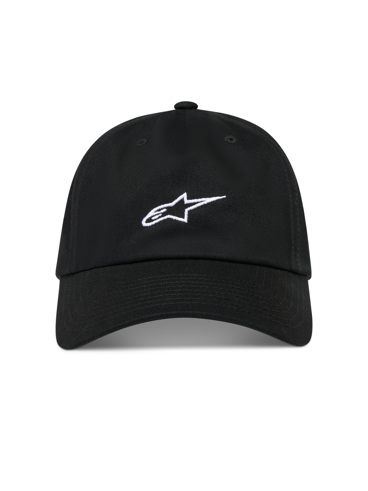 Alpinestars Dylan Dad Hat, czarna czapka z daszkiem, białe haftowane logo Astars, bawełniany kepr.