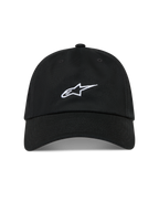 Alpinestars Dylan Dad Hat, czarna czapka z daszkiem, białe haftowane logo Astars, bawełniany kepr.