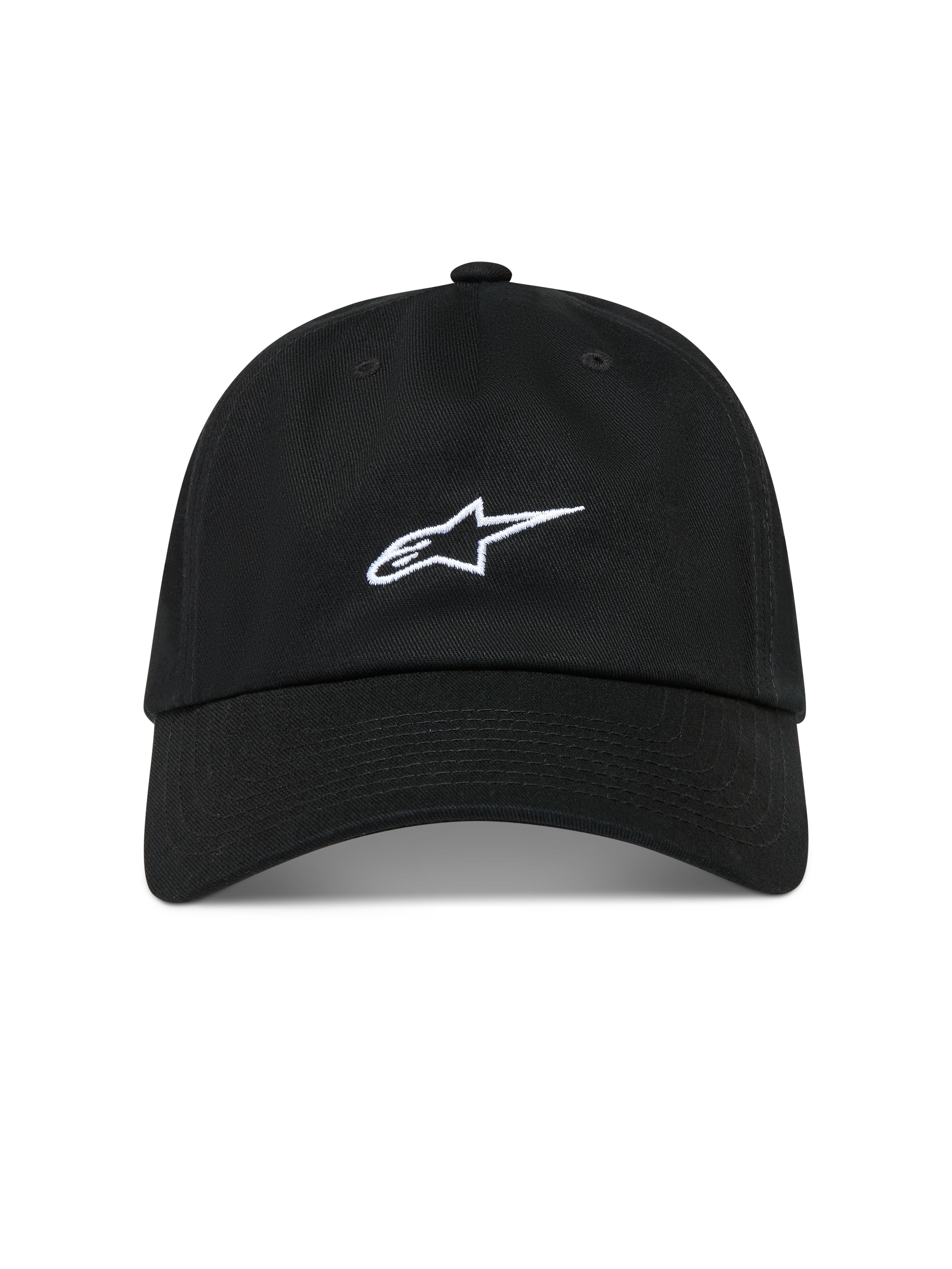 Alpinestars Dylan Dad Hat, czarna czapka z daszkiem, białe haftowane logo Astars, bawełniany kepr.